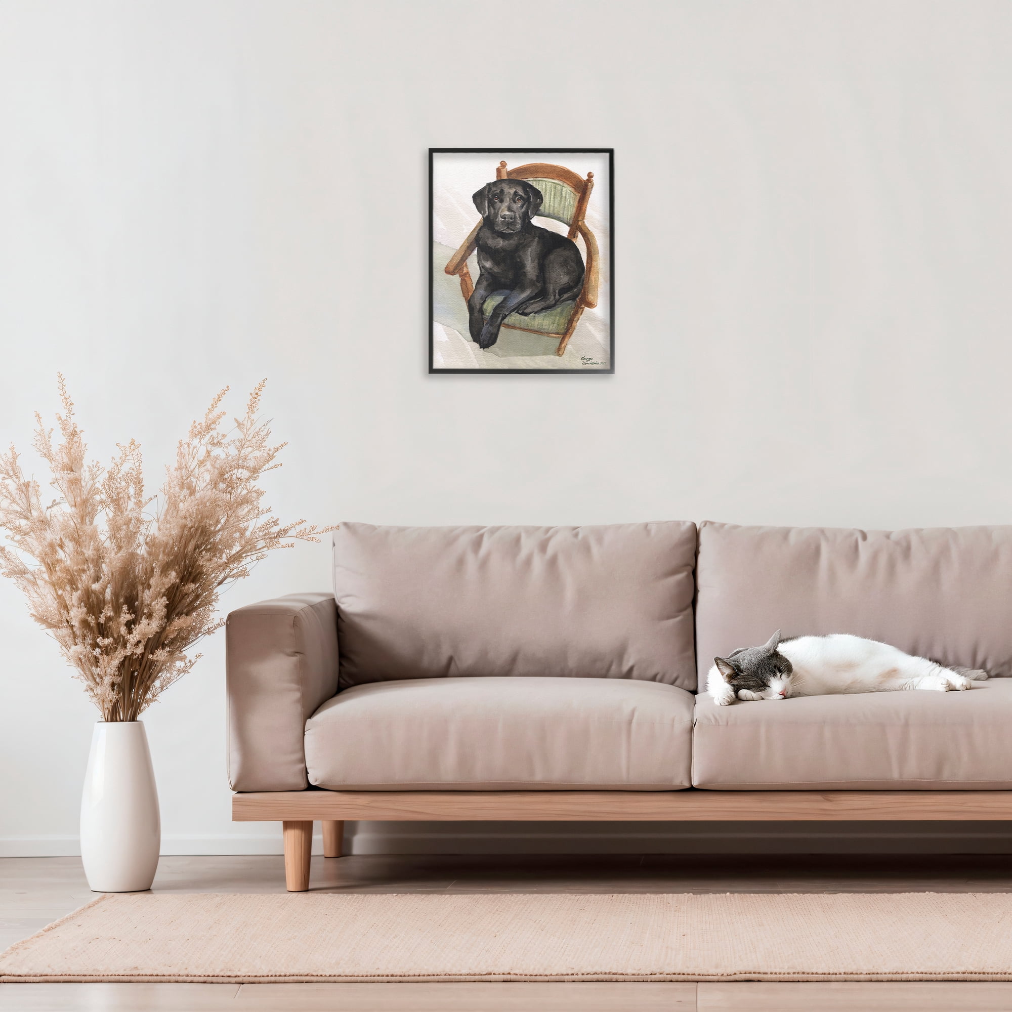 Stupell Industries Black Labrador On Chair Black Framed Giclee Art, design by George Dyachenko