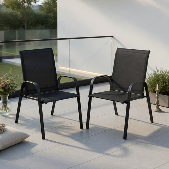 GVN Outdoor Kitchen Chair, Dinner Chairs,2 Pcs Patio Outdoor Dining Chair with Armrest-Black