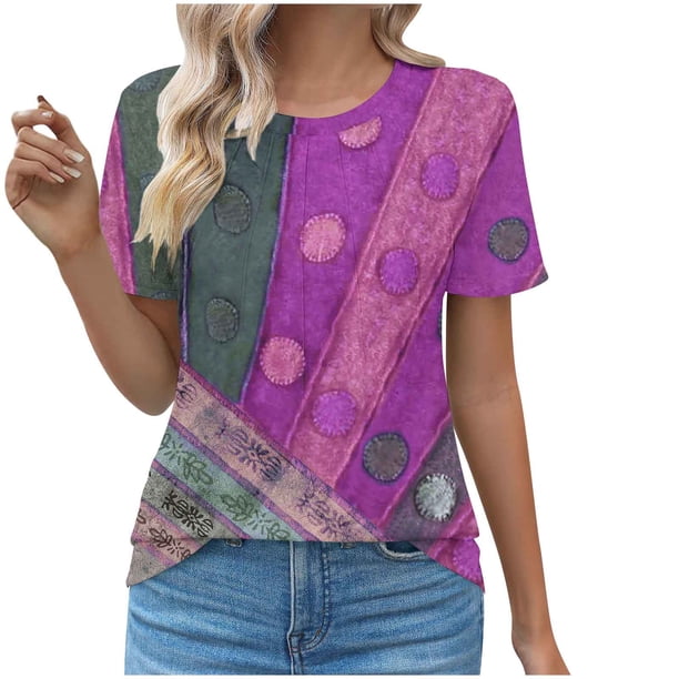 Tops Cortos para las Mujeres Cuello Redondo Impreso Sudadera Plisada Manga Corta, Tops de Baile para las Mujeres Primavera Verano