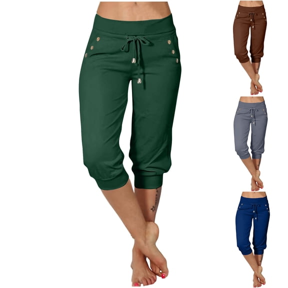 Women's Low Rise Capri Pants Drawstring Slim Fit Comfy Button Joggers Casual Summer Stretch Lightweight Cropped Pants