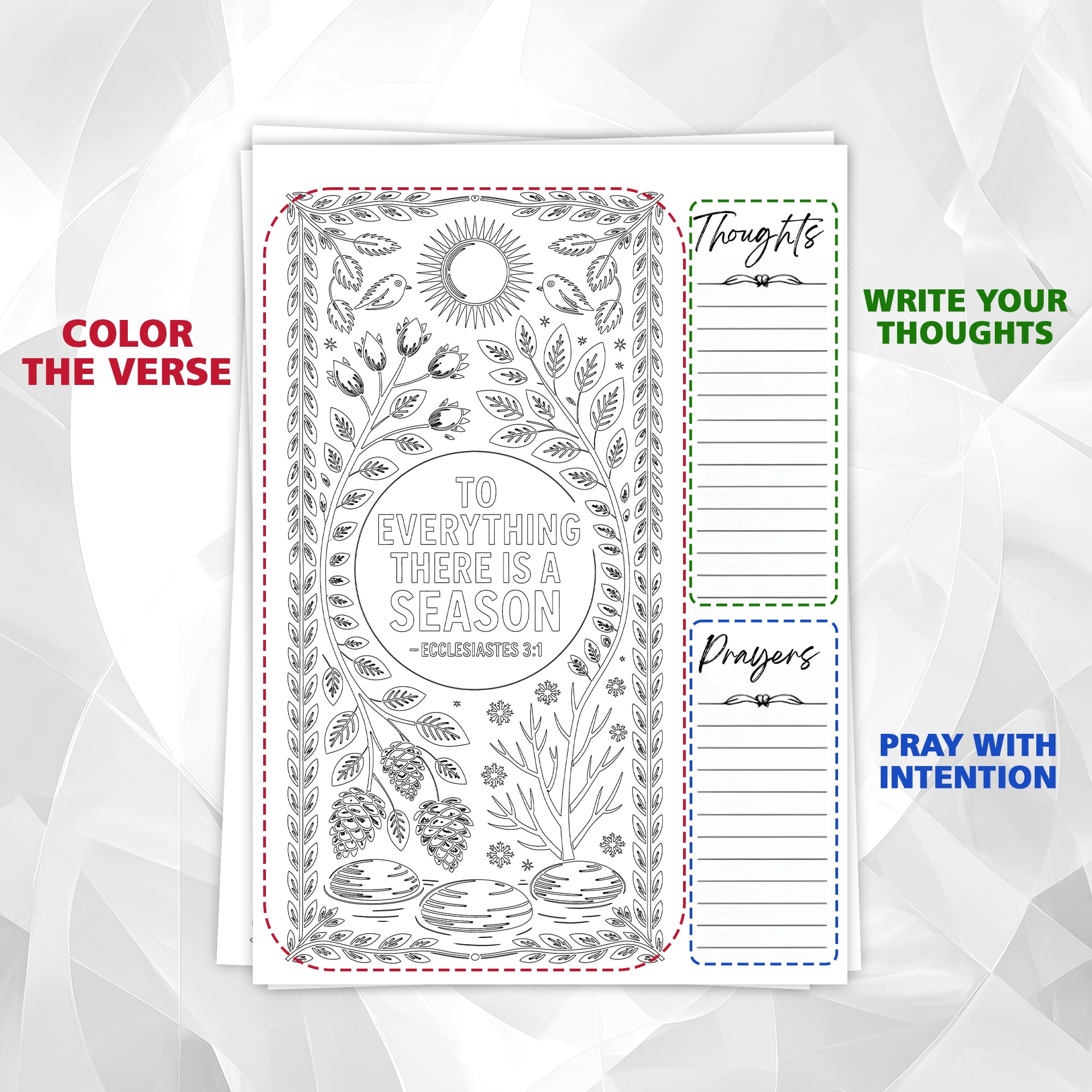 Ecclesiastes Monochrome Coloring Book for Adults, 30 Minimalist Scripture Art Pages with Reflection & Prayer Space, Spiral Bound, A4 or A5 Softcover or Wood Cover