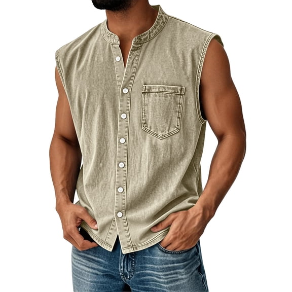 Mens Sleeveless Button Down Shirts Summer V Neck Washed Muscle Tank Tops Beach Basic T-Shirt Relaxed Fit Vest with Pockets,Khaki,M