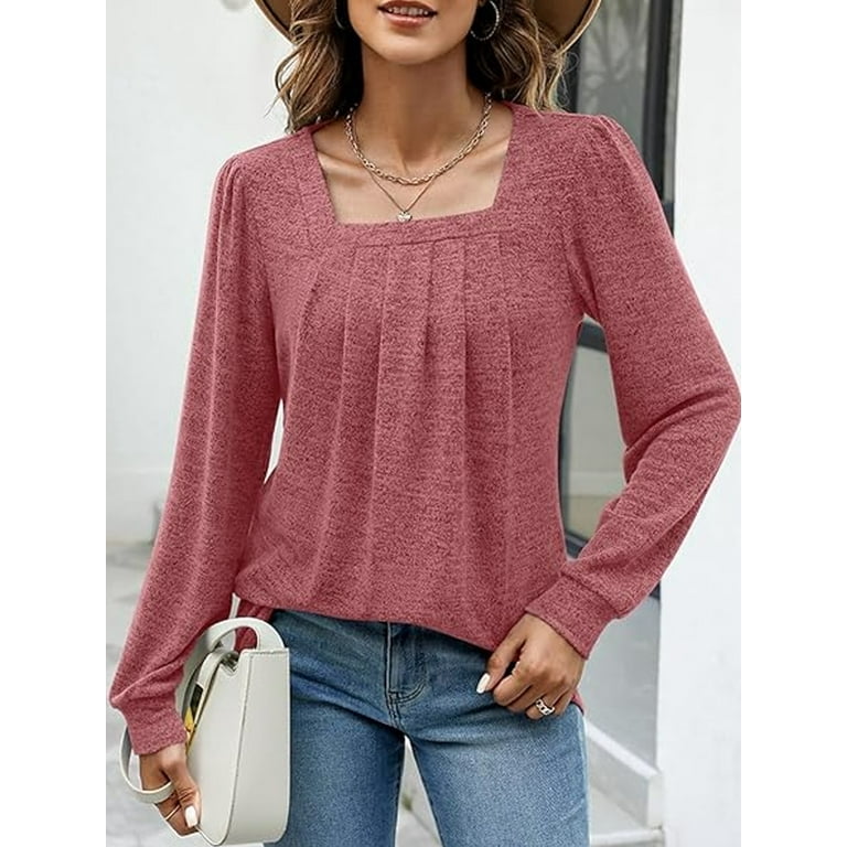 TEMOFON Blouses for Women Fall Tops Loose Fit Long Sleeve Shirts