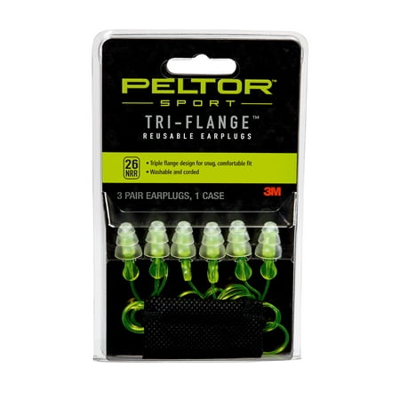 Peltor Sport Tri-Flange Corded Reusable Earplugs, Neon Yellow, 3