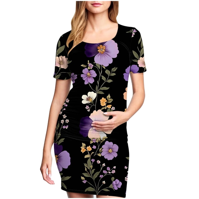 yoeyez Robe de Maternité Grande Taille pour Femmes à Manches Courtes, Col Rond, Imprimé Floral, Robe Soleil, Robe d'Allaitement de Maternité, Vêtements de Grossesse Grande Taille en Liquidation Multicolore, m