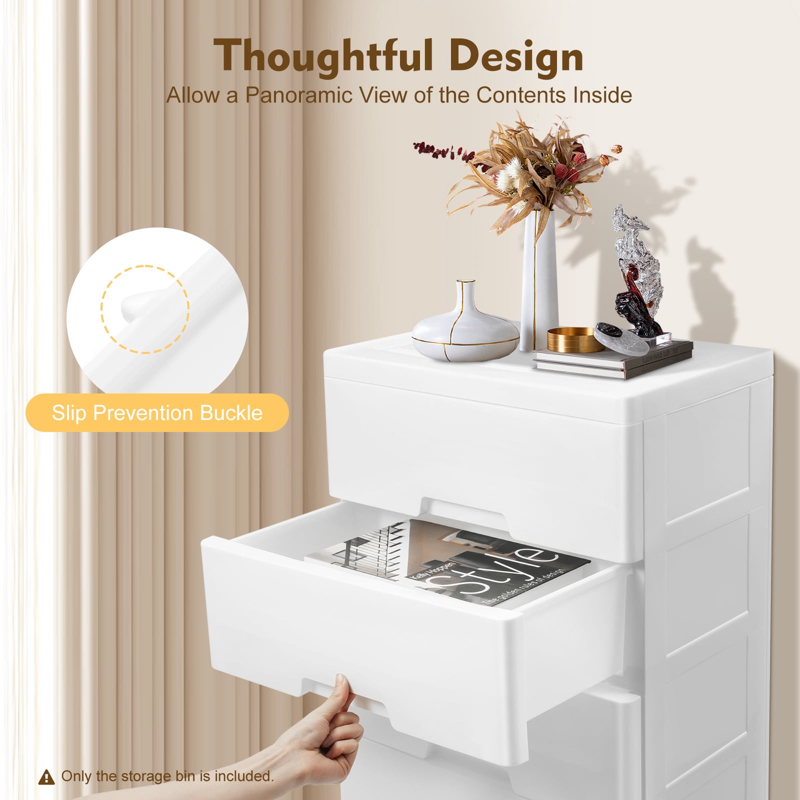 ChicHomey 5 Tier Plastic Drawers Dresser with 5 Drawers,Rolling Storage Cabinet 4 Casters,White Modern Home Organization for Bedroom/Living Room/Children's Room​