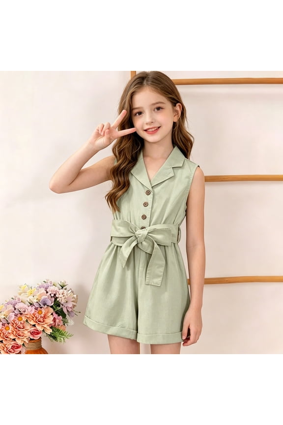 Girls Jumpsuit Size 18-24M Kids Sleeveless Notch Lapel Bow Decor Tie Waist Shorts Romper Summer Outfit Baby Girl Romper
