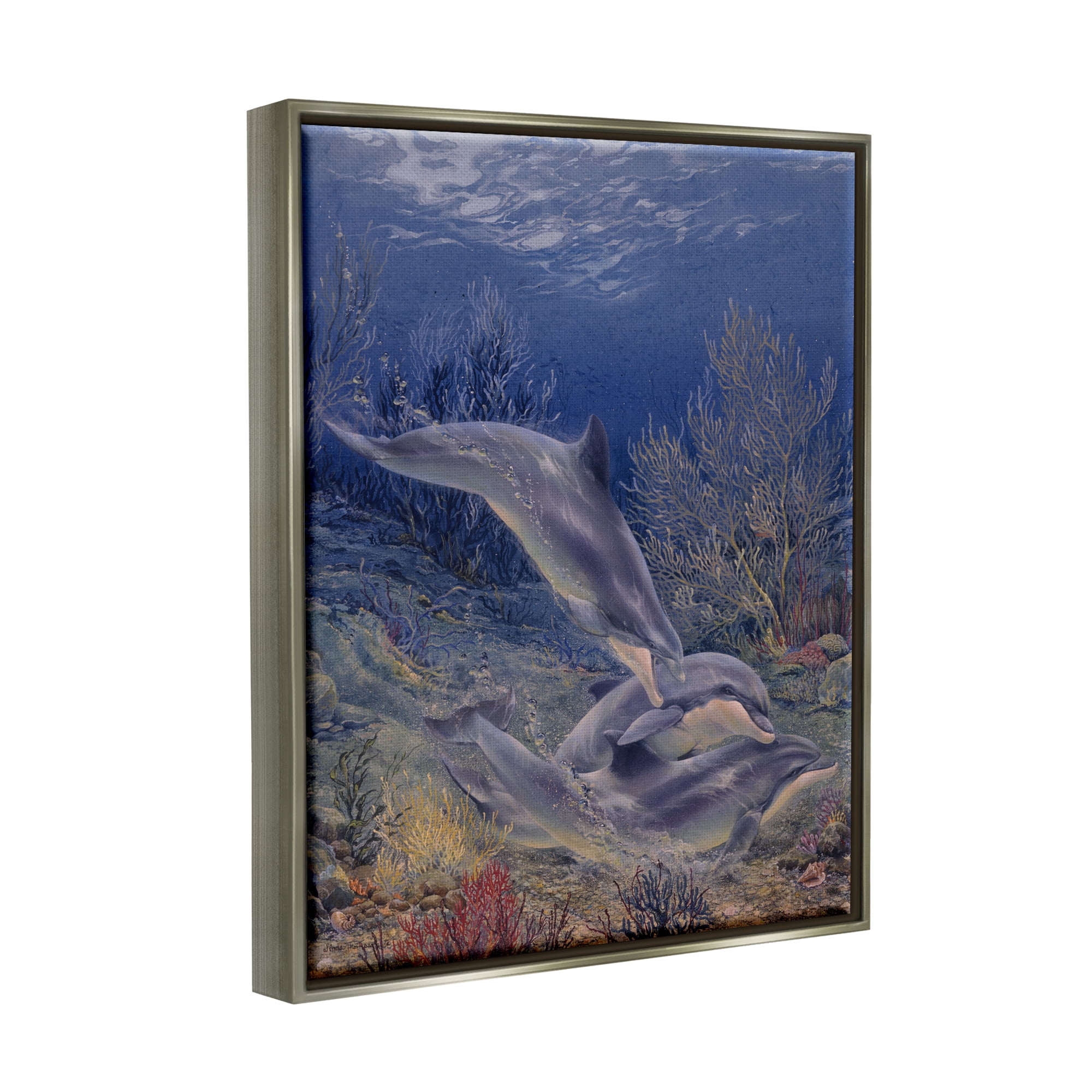 Stupell Industries Shell Game Underwater Dolphins Coastal Painting Gray Floater Framed Art Print Wall Art