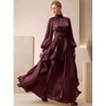 thumbnail image 2 of Burgundy Long Sleeve Pleated Ruched Waist Maxi Dress With Ruffle Hem, 2 of 4