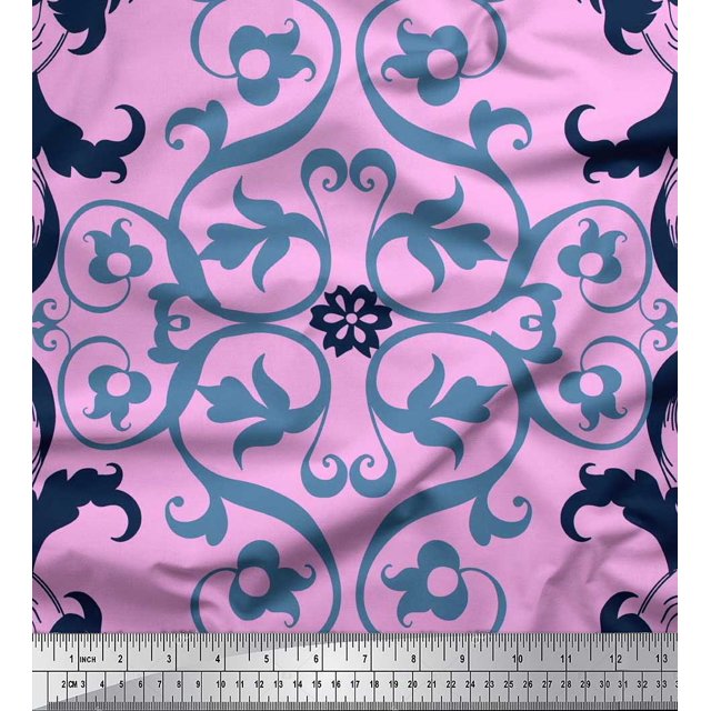 Soimoi polyester Crepe Fabric Swirl & Ogee Damask Print Fabric by the Yard 52 Inch Wide