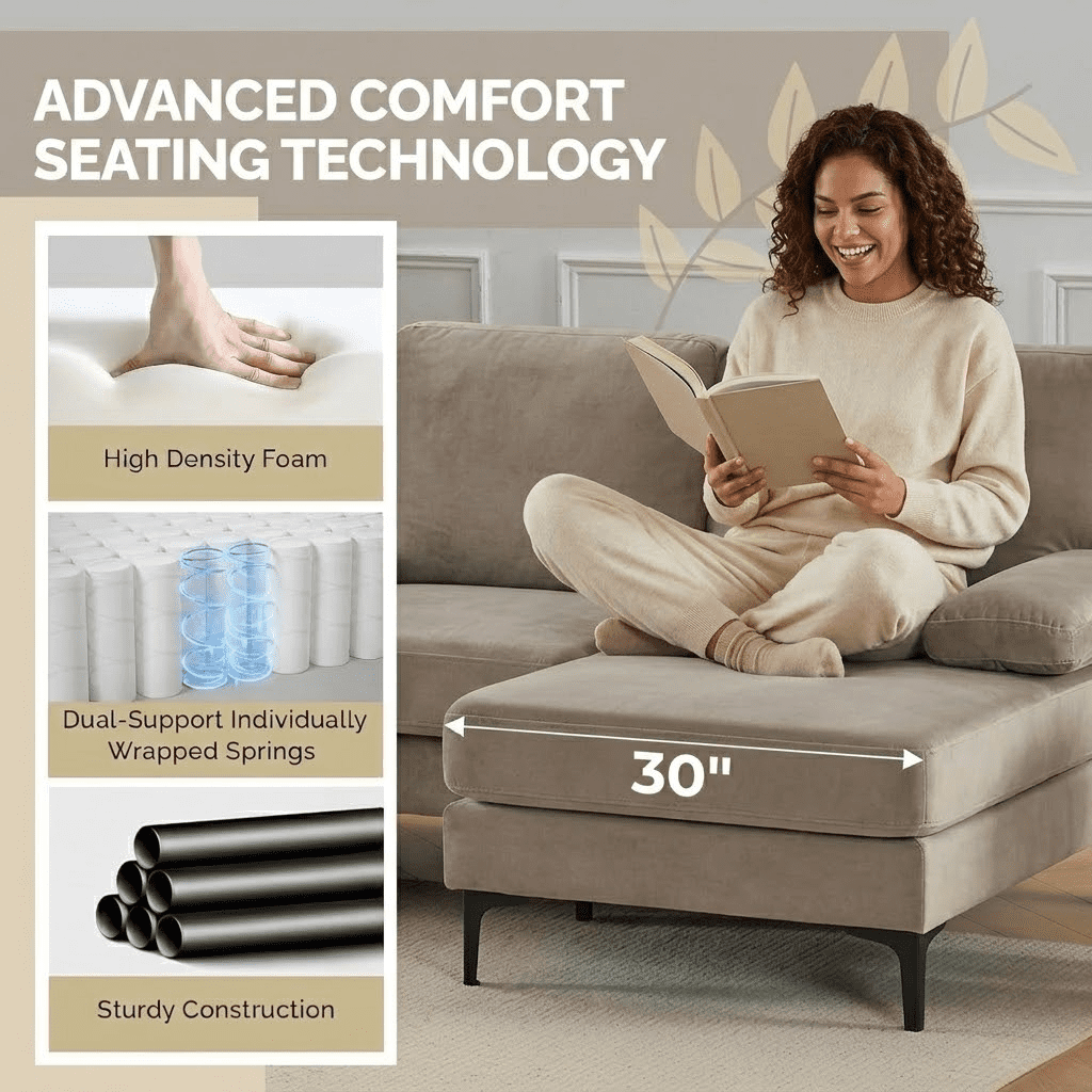 Howcool 106" U-Shaped Sectional Sofa, 4 Seat Modular Couch with Double Chaise, Polyester Blend Upholstered Modern Living Room Furniture with Metal Legs, Khaki(Thick Sponge)