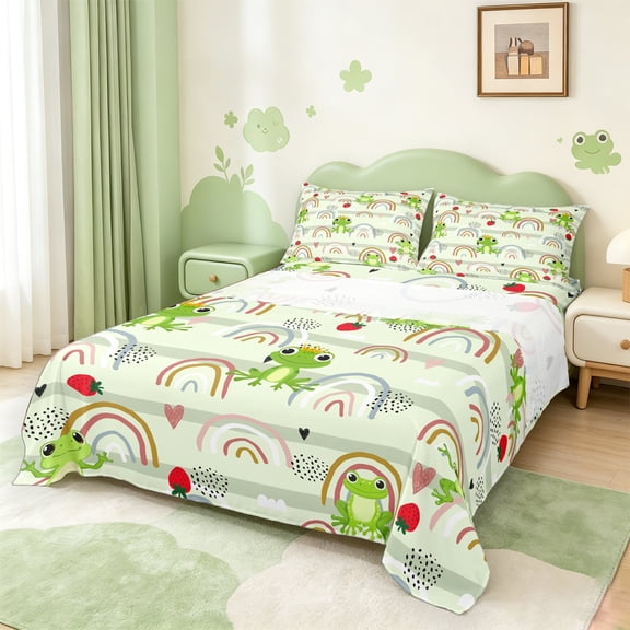 Manfei Retro Rainbow Twin Sheet Sets,Wild Animal Frog Twin Fitted Sheet,Red Strawberry Flat Sheet For Boys Kids,Lightweight Bedroom Decor,3-Piece