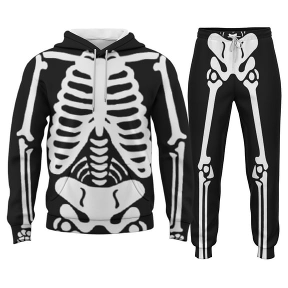 LIIPEE Men Hoodie Outfits Halloween Cartoon Skeleton Printed Long Sleeve Hooded Pullover Sweatshirt Pants Set Man Comfort Birthday Wedding Weekend Outfit,Black,L