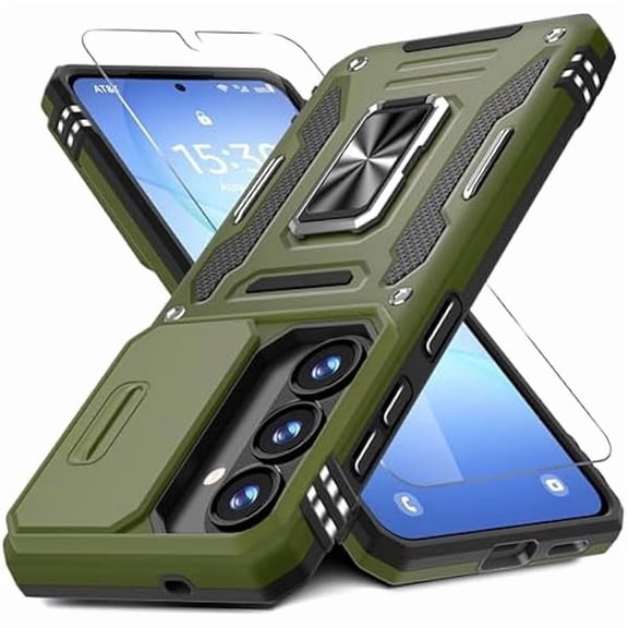 can Case for Samsung Galaxy S26 Plus 6.7-Inch with Slide Camera Cover Screen Protector(1 Pack), Rotated Ring Kickstand Military Grade Shockproof Protective Cover-Olive Green