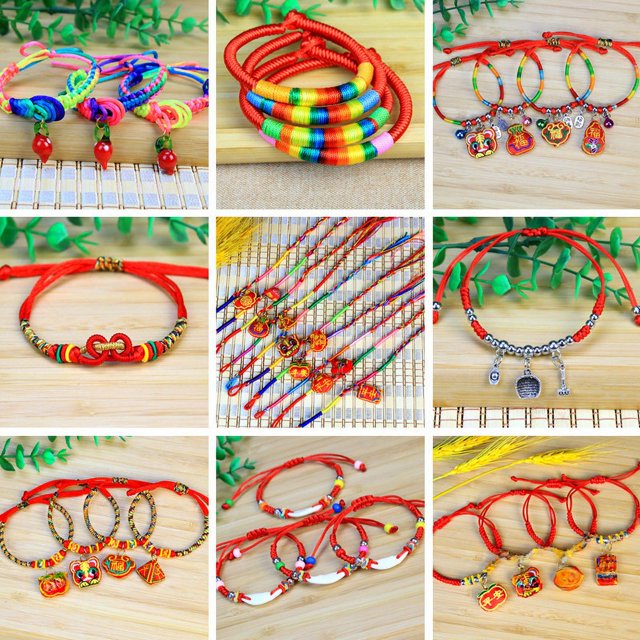 Pulsera de cuerda de colores con forma de tigre para niños y adultos, hecha a mano, con forma de bolsita, campana de cuerda de mano y zongzi, para el Festival del Barco Loong