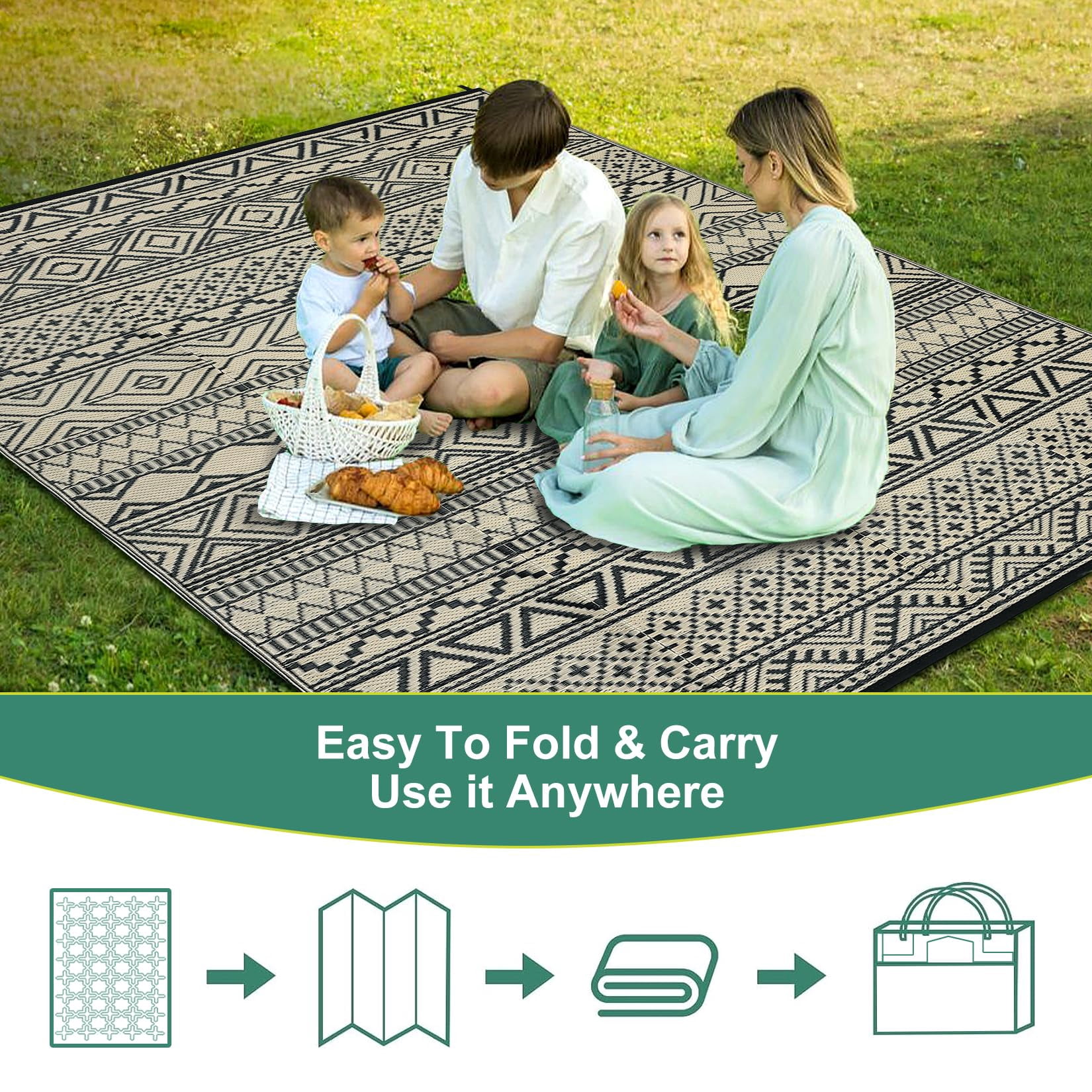 Outdoor Rug 6x9, Waterproof Patio Clearance Carpet for Outside, Reversible Outdoor Plastic Straw Camping Rug, UV Resistant Low Pile Deck Mat for Porch Yard Poolside, Easy Clean,Black & Coffee