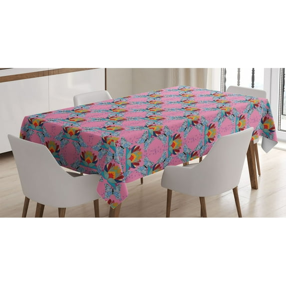 Lotus Tablecloth, Flower of Prosperity in Orient Sketch Illustration of Butterflies and Lotus, Rectangle Satin Table Cover Accent for Dining Room and Kitchen, 60" X 84", Multicolor, by Ambesonne