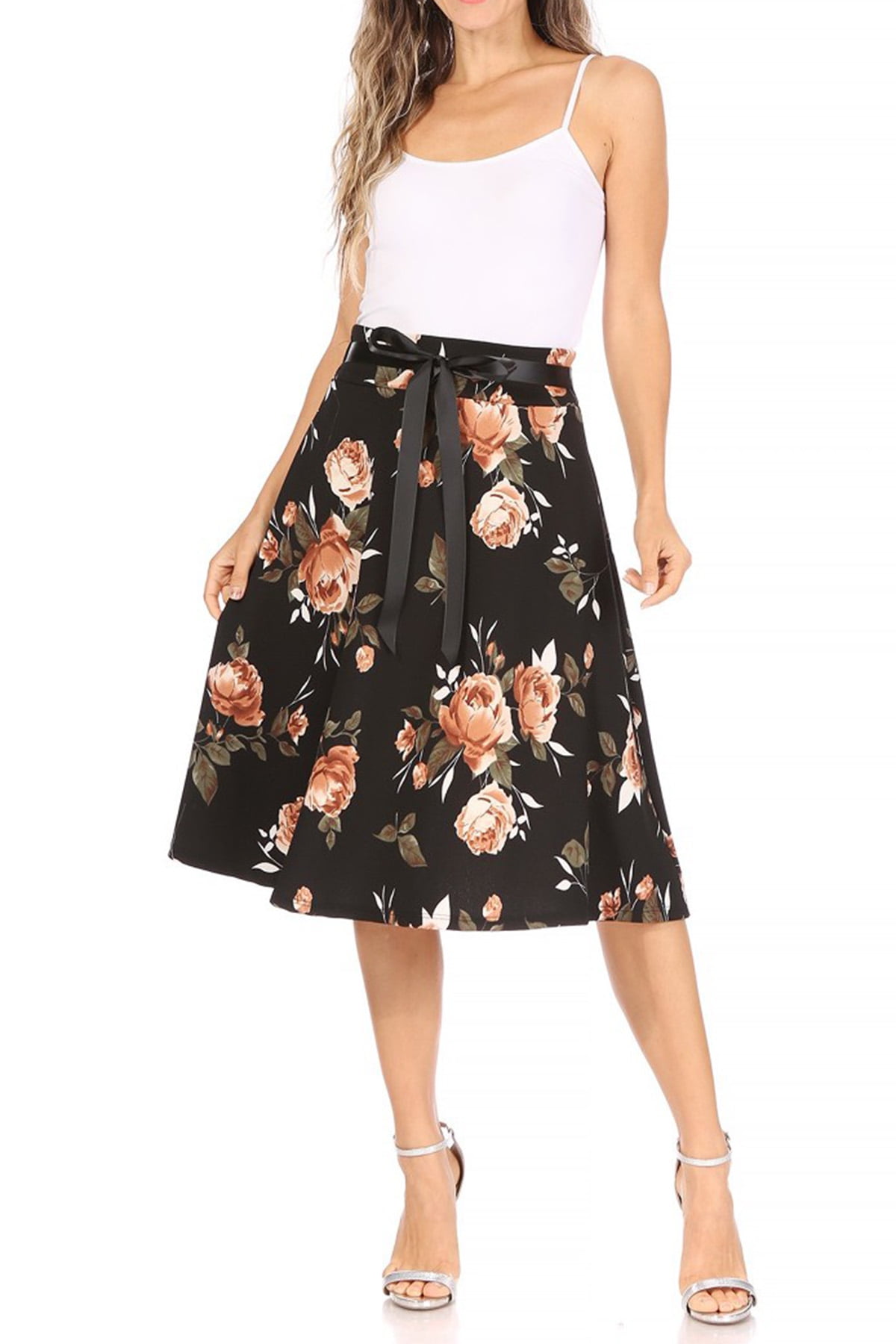 Women's Casual Floral Printed A Line Ribbon Belted Knee Length Midi Skirt