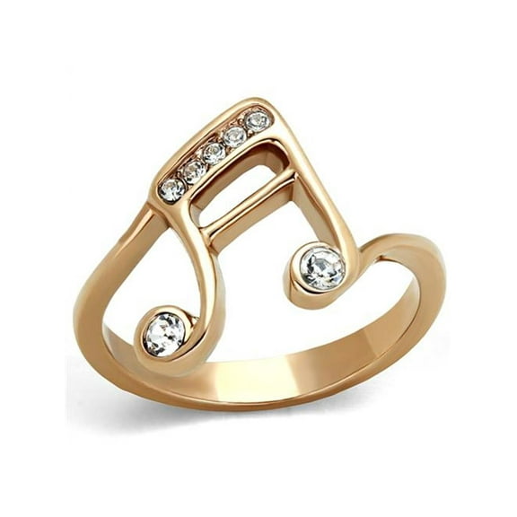 Rose Gold Plated Stainless Steel Crystal Musical Note Fashion Ring Women's Size 8