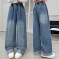 thumbnail image 2 of Girl's Wide Leg Denim Pants Casual Jeans Girls Pants Size 6 Rhinestone Elastic Waist Pants Streetwear with Pockets Size 15-16 Years 4_Light Blue, 2 of 9