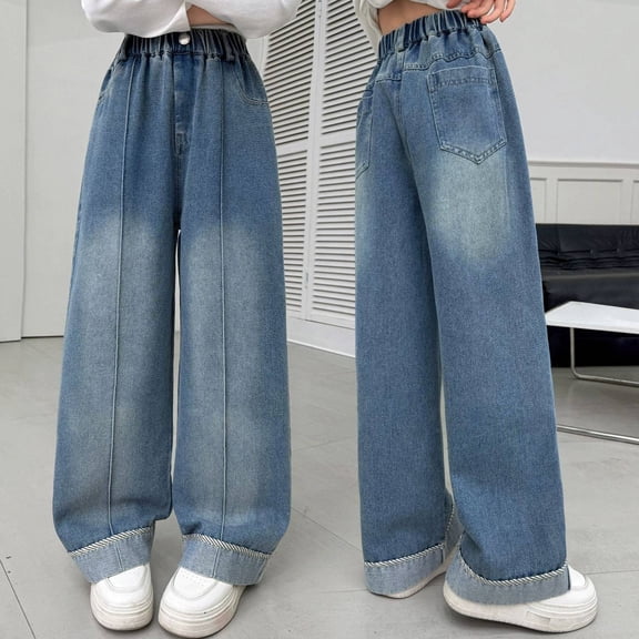 Girls Sweatpants Jeans Wide Leg Jeans Baggy Heart Embroidery Elastic High Waist Denim Pants Y2k Streetwear Clothes(Light Blue,7-8 Years)
