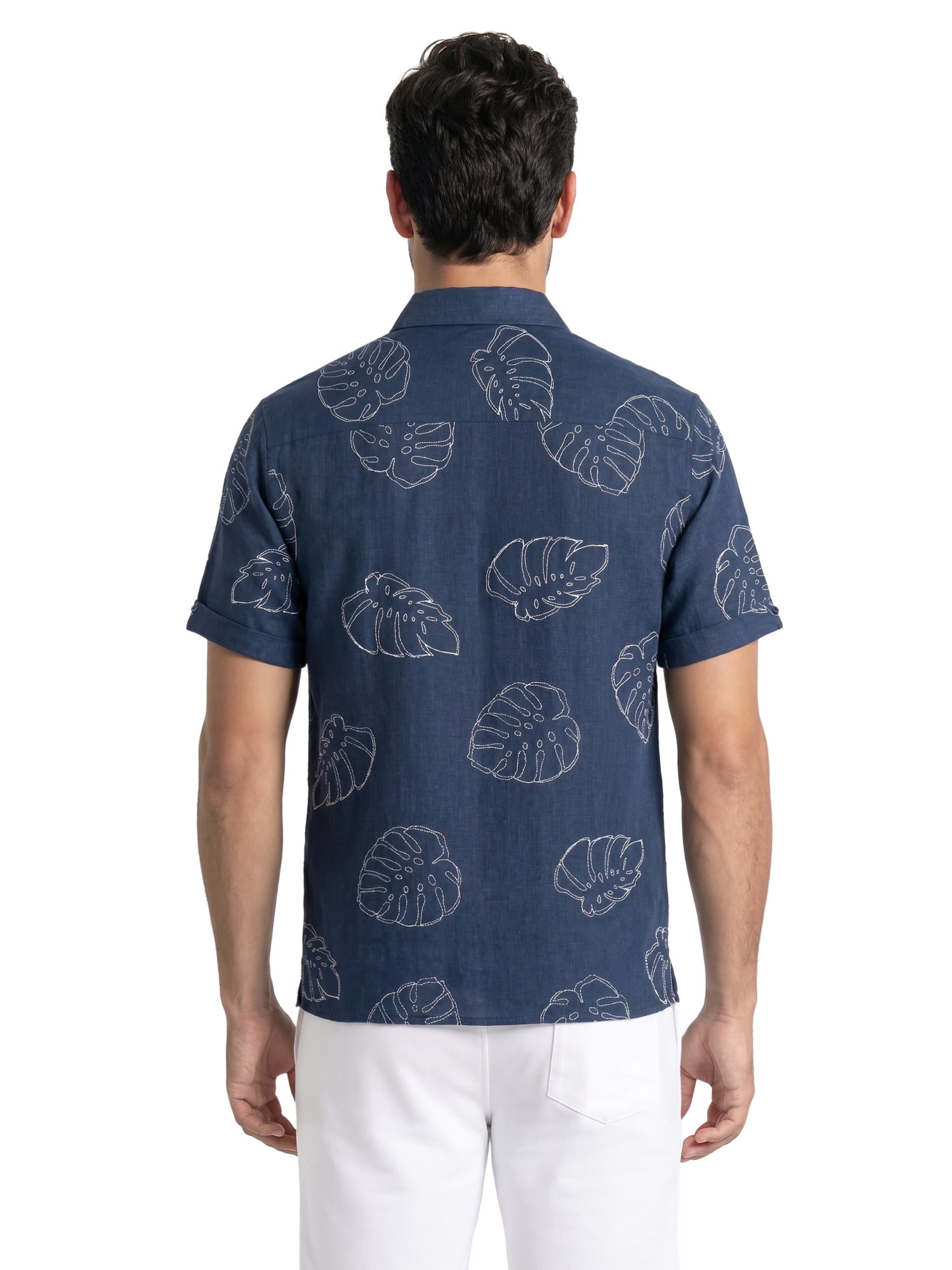 Cafe Luna Men’s and Big Men’s Embroidery-Look Allover Print Linen-Cotton Short Sleeve Button-Down Shirt, S-5XL