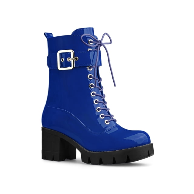 Unique Bargains Bottes de Combat à Plateforme à Talon Épais à Fermeture Éclair pour Femme Bleu (Taille 8)