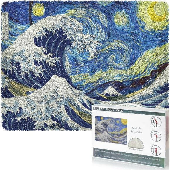 shiyou-Latch Hook Rug Kit DIY Crochet Carpet for Adults Kids Beginners, Sea Wave Patterns Pre-Printed Canvas Yarn Rug Hooking Kits, Creative Craft Home Decor Ideal for Learning Rug Making