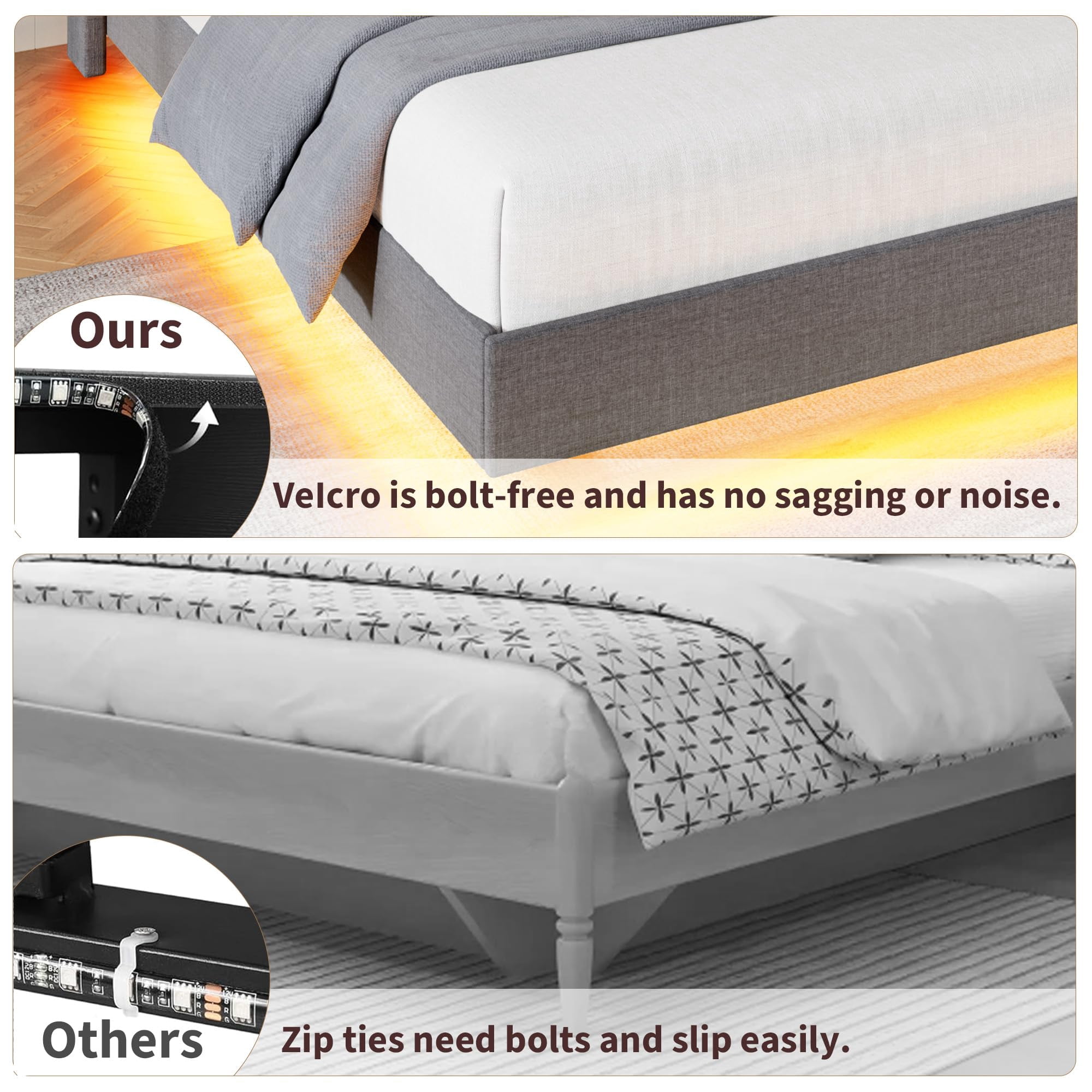 Huisuilinss Floating Bed Frame Full,Queen Size Upholstered Platform Bed With LED Lights & Charging Station,Storage Headboard & Folding Shelves Storage,Metal Slats Support,No Box Spring Needed