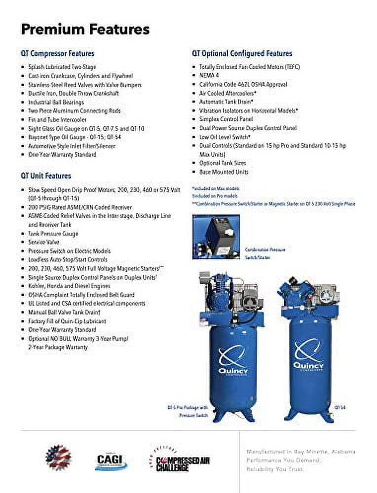 Quincy QT-5 Splash Reciprocating Air Compressor - 5 HP, 230Volt, 3Phase, 80Gallon Vertical Tank