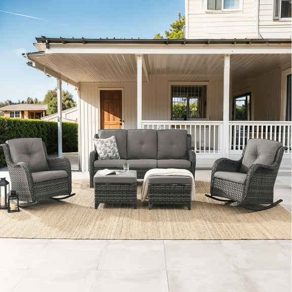 PARKWELL 5-Piece Outdoor Wicker Conversation Set Patio Furniture Couch Rocking Chairs Set with Ottoman,Gray