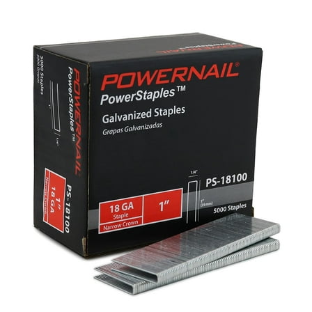 Powernail PS18100 18 Gauge 1/4 Inch Narrow Crown Staples, 1 Inch Length Heavy Duty Galvanized Chisel Point Staples for Electric or Pneumatic Narrow Crown Stapler Guns (Box of 5,000)