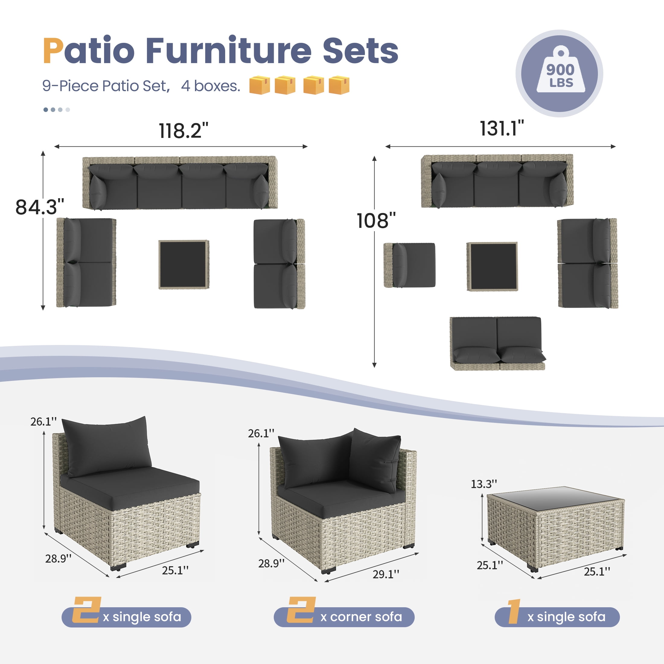 UDPATIO 9 Pieces Outdoor Patio Furniture Set, Outdoor Wicker Patio Conversation Set with Cushions for Backyard, Porch, Garden(Black)