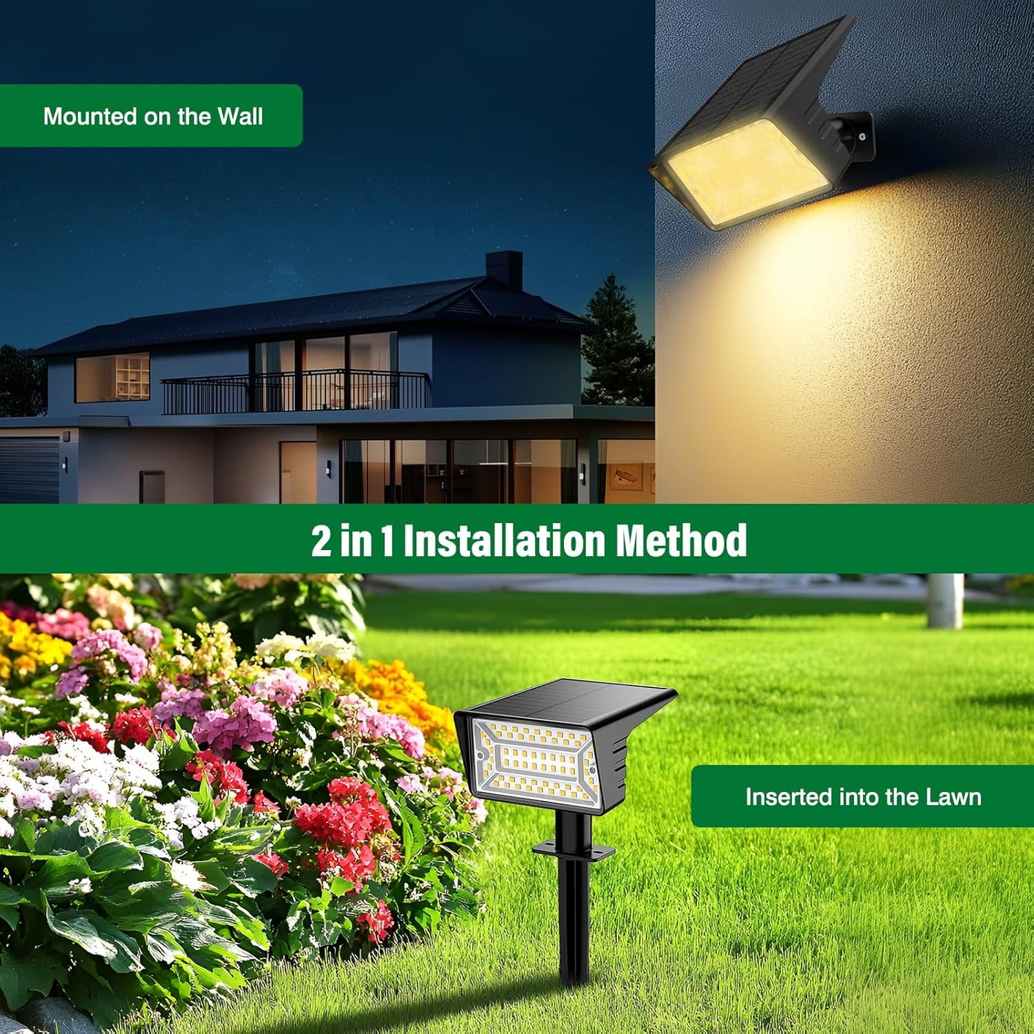 AP Solar Spot Lights Outdoor with 60 LED & Auto On/Off, 2 Pack Solar Lights Outdoor Waterproof IP68 with 3 Lighting Modes, 2-in-1 Solars Landscape Light for Outside, Garden, Yard(Warm White)
