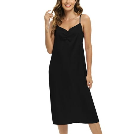 Baywell Womens Satin Nightgown Full Slip Sexy Pleated V Neck Chemise Lingerie Spagetti Strap Long Sleepdress for Ladies Sleepwear Slip Negligee  S-2XL