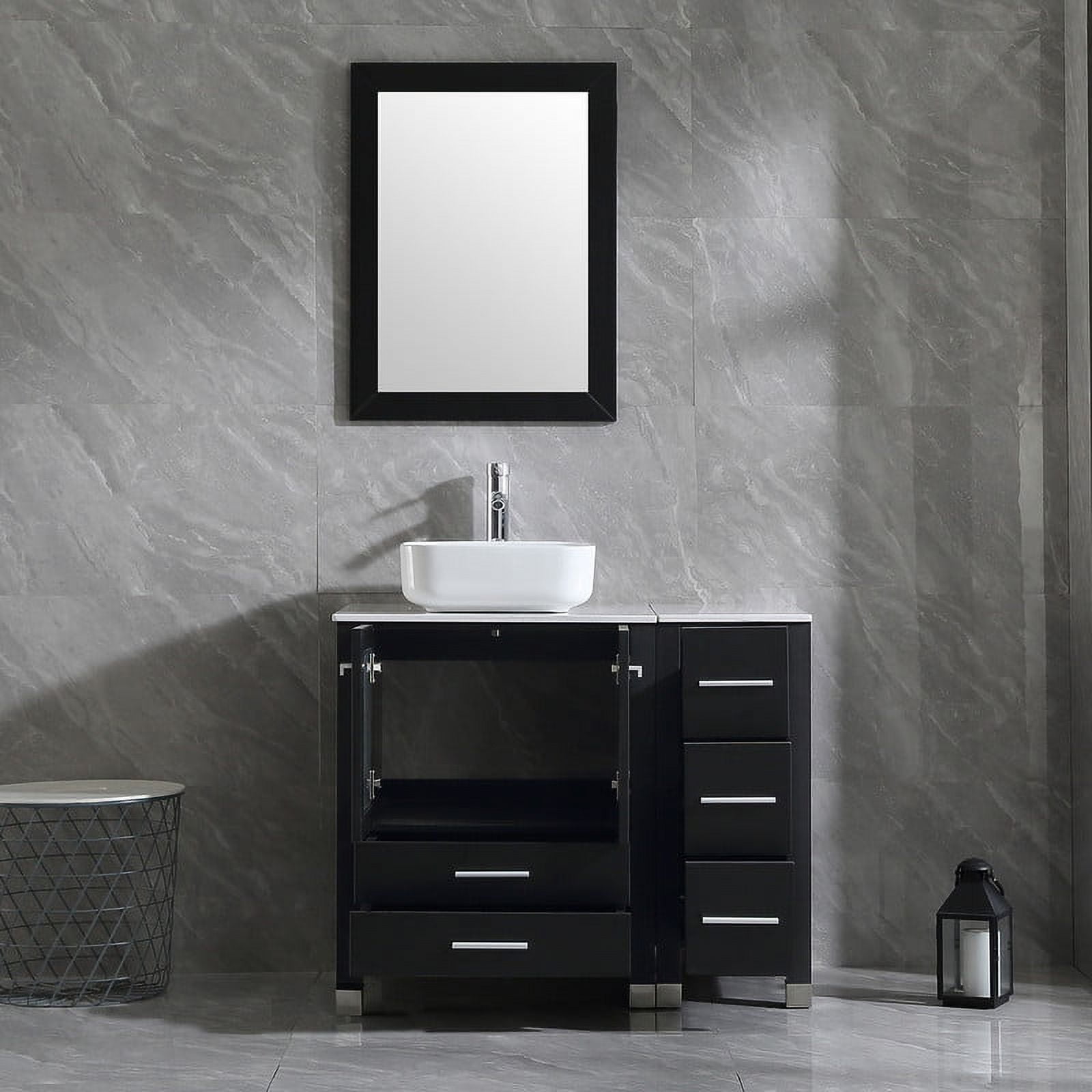 Walsport 36” Black Bathroom Vanity and Sink Combo Wood Cabinet Top Square Ceramic Vessel Sink Faucet Drain Combo with Mirror Vanities Set,Black