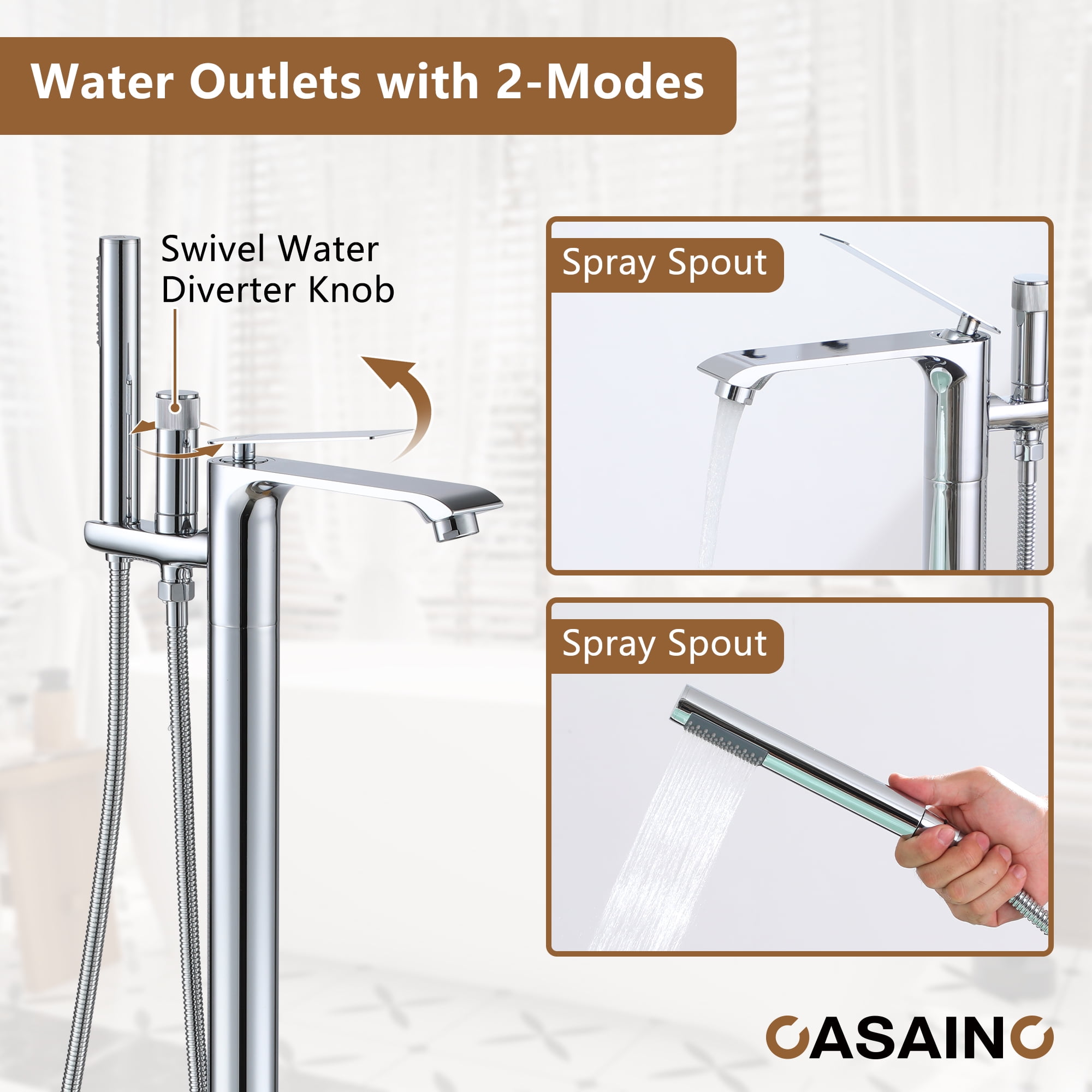 CASAINC Single-Handle Freestanding Floor Mount Tub Filler Faucet with Handheld Shower in Chrome Plated