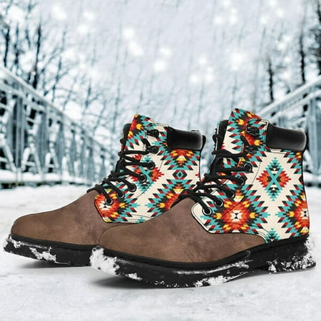 

LnjYIGJ Women s Low-heeled Ankle Boots Women Retro Vintage Western Printing Chunky Heel Boots Lace-Up Splice Color Shoes