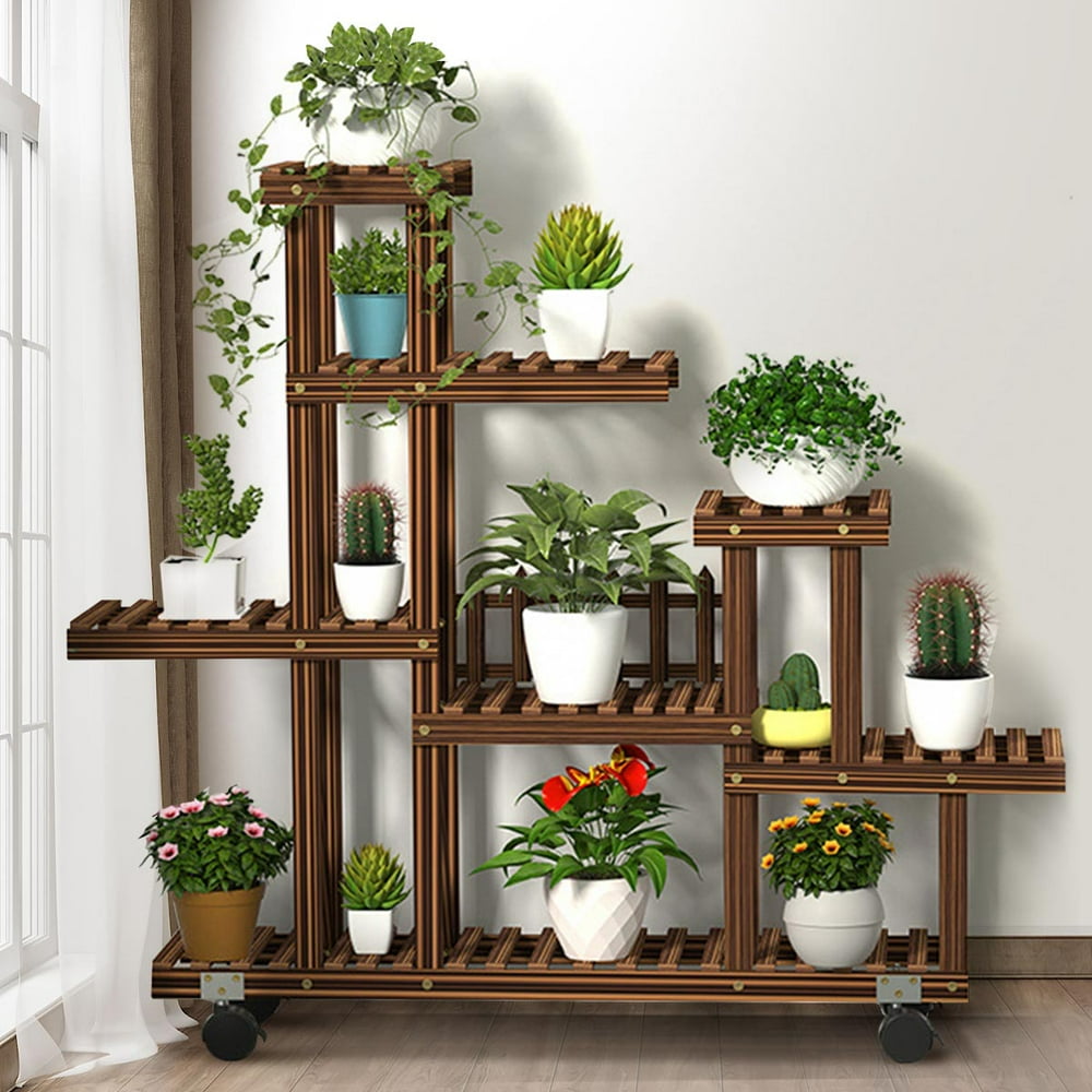 9/13 Potted Wooden Plant Stand, Indoor Outdoor Multiple Flower Pot
