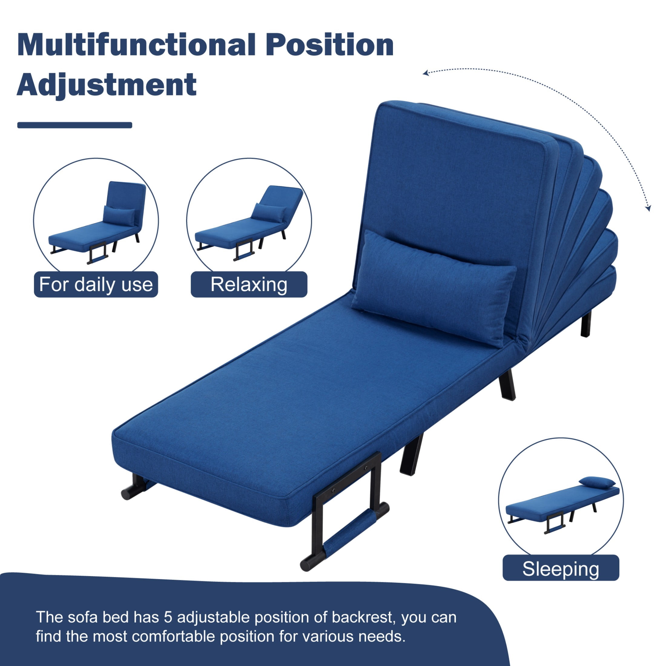 BSHTI Modern Folding Arm Chair Lounge 4-in-1 Convertible Sofa Bed with Adjustable Backrest for Small Spaces (Blue)