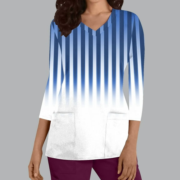Frostluinai Womens Scrub Tops 3/4 Sleeve V Neck Comzy Scrubs Shirts Fashion Striped Gradient Working Uniforms Tunic Tops with Pocket