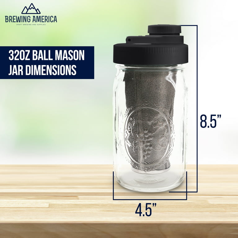 Brewing America Glass Mason Jar Pitcher with Lid - Ball Jars, 1 Quart (32 oz) with Black Wide Mouth Mason Jar Pour Lid, 2-Pack