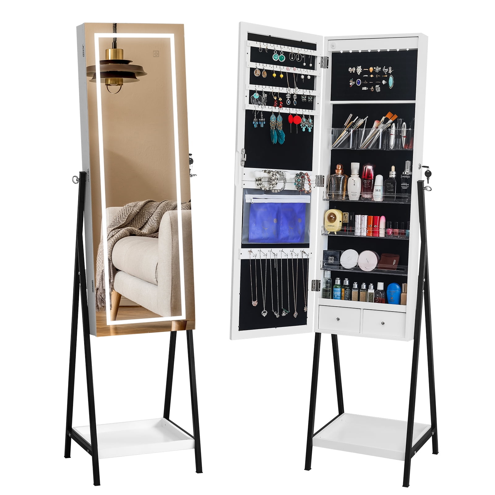 Mirrored Jewelry 3 Color LEDs Lockable Jewelry Armoire Stand Organizer w/Bottom Shelf