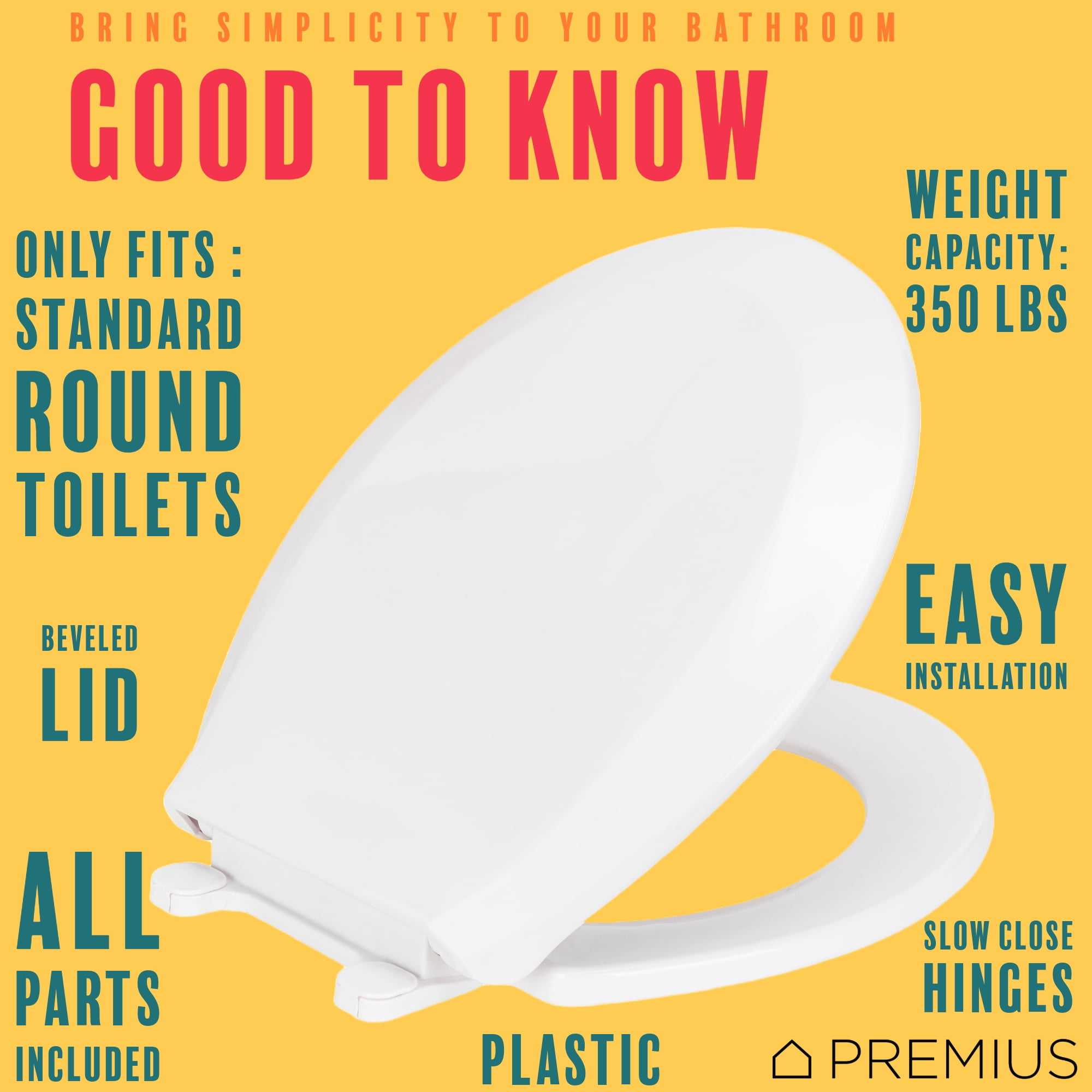 PREMIUS Slow Close Beveled Plastic Toilet Seat, White, Standard Round, 17 Inches