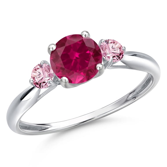 Gem Stone King 10K White Gold Red Created Ruby and Pink Lab Grown Diamond 3-Stone Ring for Women | 1.26 Cttw | Round 6MM | Gemstone July Birthstone | Size 7