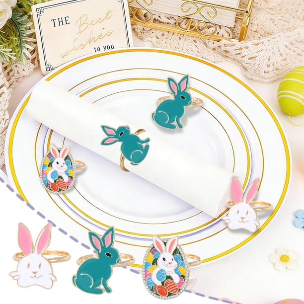 PortapaconetasMetal para Conejito de Pascua – Hebilla de servilletas coloridas y esmaltadas, diseño mono de conejito de huevo de pascua, decoración de mesa de 4x3 cm para cenar
