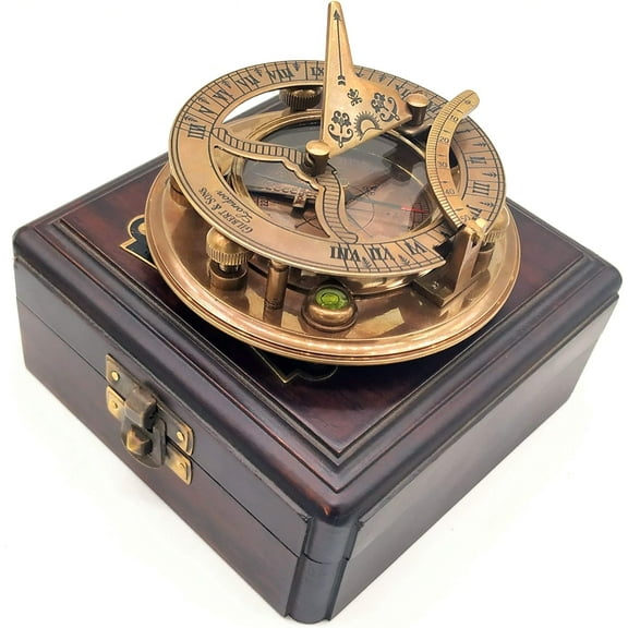 Antique Brass & Copper Sundial Compass – A Unique Gift of Elegance with Sundial Clock, Ship Replica Watch, and Presentation Box