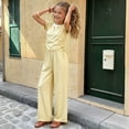 thumbnail image 5 of SGFCWSX Girls Summer Outfits 2 Piece Henley Neck Tops Elastic Waist Straight Leg Pants Casual Daily Clothing Set Yellow Size 12, 5 of 6
