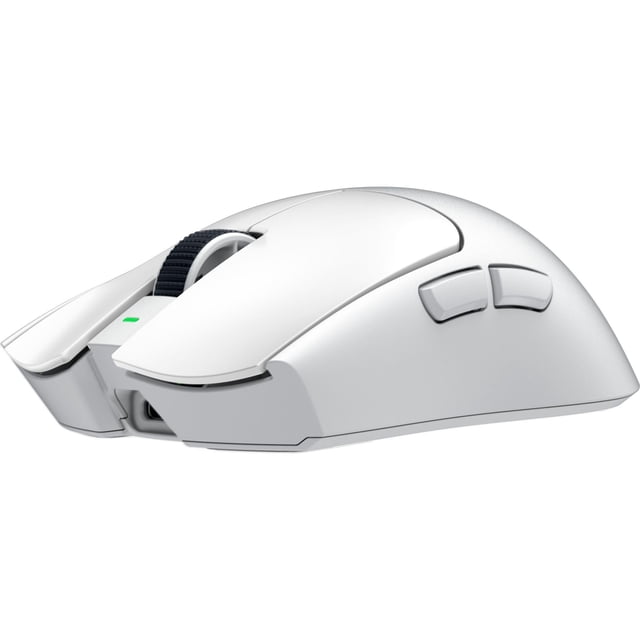 mouse gamer inalámbrico razer viper v4 pro 50 g 50k dpi Vista 3/4 frontal de un mouse Razer Viper V4 Pro blanco, ambidiestro y ultraligero de 50 g con carcasa lisa, rueda de desplazamiento texturizada en negro, dos botones laterales visibles, indicador LED verde y puerto USB-C; ideal para juego competitivo con sensor Focus Pro 50K DPI Gen-3. A menudo se usa también para trabajo de precisión.