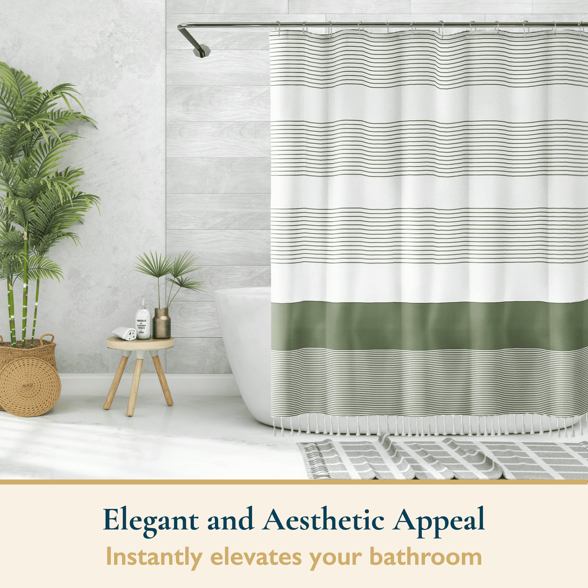 ComfiTime 13-Piece Tassel Shower Curtain Set with Hooks – Heavy-Duty Fabric Cloth, Boho Farmhouse Bathroom Curtain, Striped Hotel Luxury Linen, Water-Repellent, Machine-Washable, 72” x 72”, Green